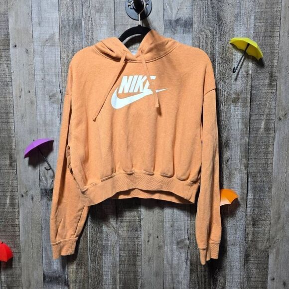 Nike Sportswear Club Fleece Oversized Crop Graphic Hoodie Orange Sherbert - Picture 2 of 6